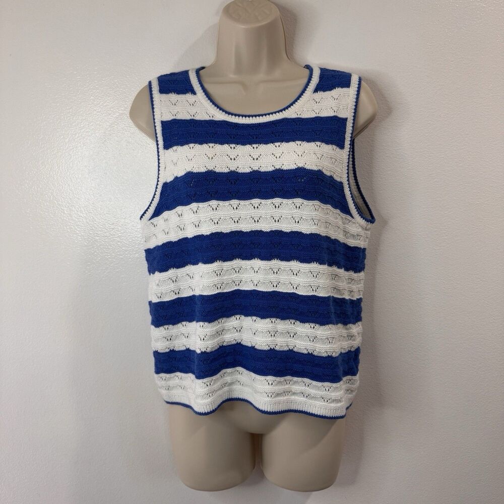 Draper James Sweater L Sleeveless Shirt Blue White Stripe Crochet Knit Preppy